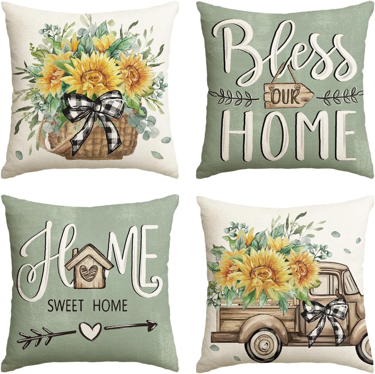Sunflower Eucalyptus Leaves Throw Pillow Covers, 18 x 18 Inch Seasonal Spring Summer Truck Home Sweet Home Cushion Case Decorations